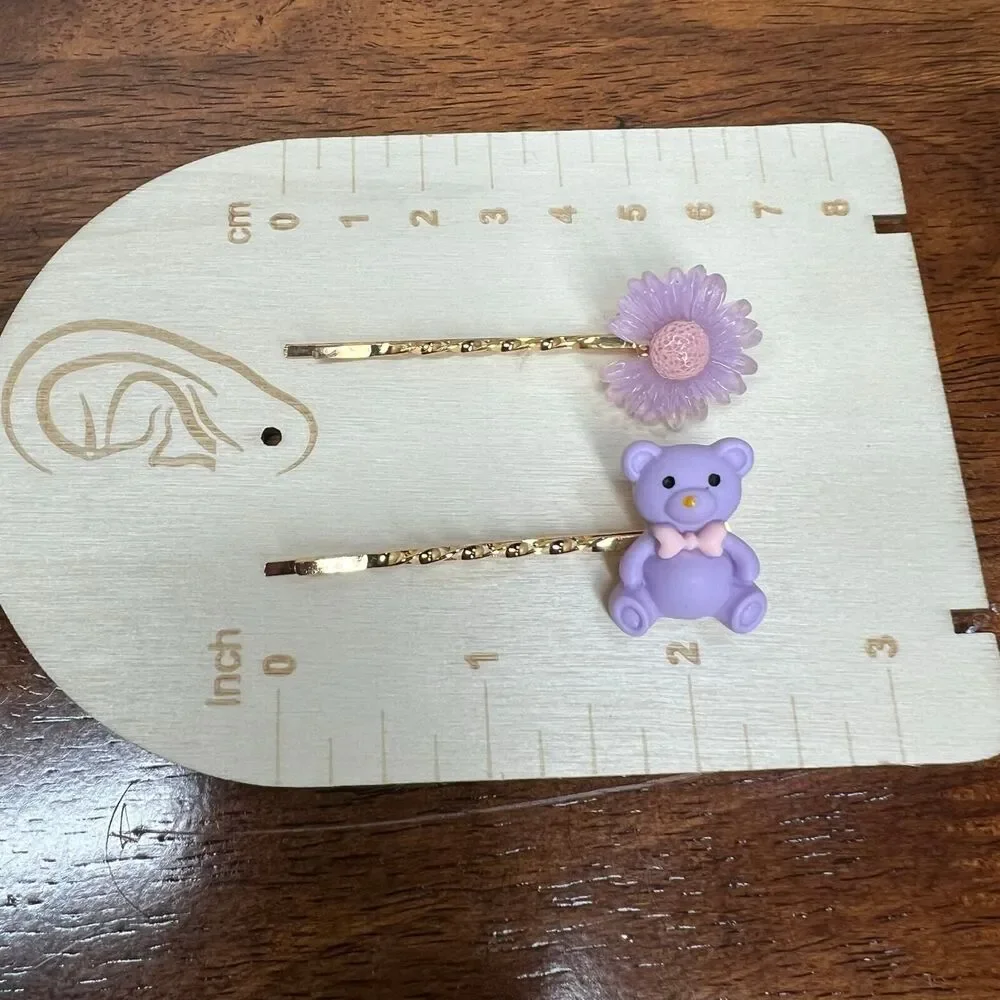 Hair pins fashion bear flower ribbon hair pin 4PC set Purple anime LA Comic